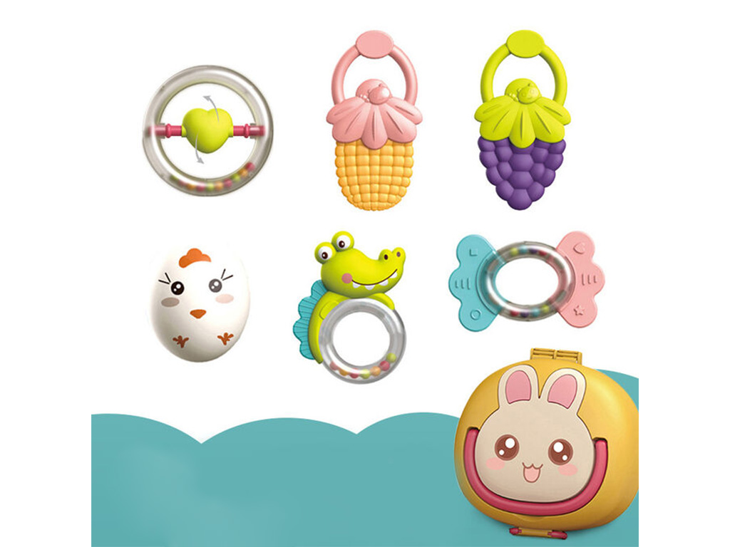 ست جغجغه و دندانگیر نوزادی 6 عددی همراه با کیف مدل Baby Rattles