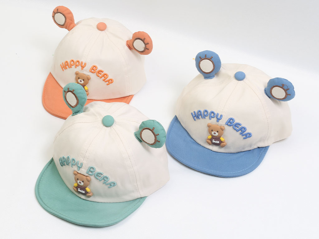 کلاه لبه دار بچگانه طرح گلدوزی شده خرس Happy bear (دور سر 48 cm)