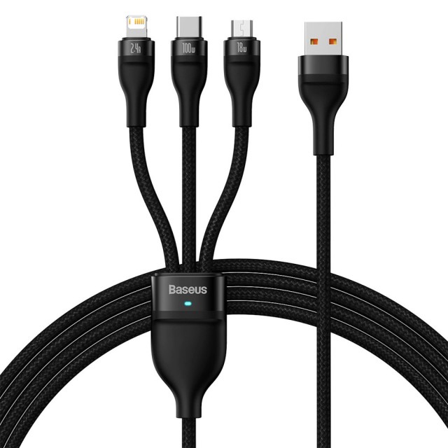 کابل شارژ سه سر بیسوس مدل Flash Series CASS030001 طول 1.2 متر توان 100 وات