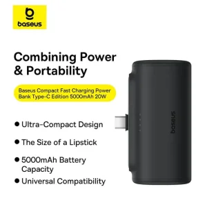 پاوربانک تایپ سی بیسوس Compact مدل PPWC05T ظرفیت 5000 میلی آمپر ساعت 20 وات