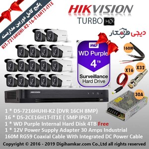 پکیج دوربین مداربسته TurboHD هایک ویژن KIT-7216HUHI-K2-16-E16H1T-IT1E
