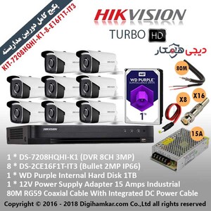 پکیج کامل دوربین مداربسته TurboHD هایک ویژن اقتصادی KIT-7208HQHI-K1-8-E16F1T-IT3