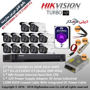 پکیج کامل دوربین مداربسته TurboHD هایک ویژن اقتصادی KIT-7216HQHI-K1-12-E16D0T-IT3
