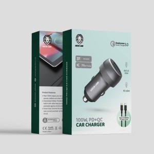 شارژر فندکی دو پورت PD+QC گرین لاین مدل GN100WPDQLGGY توان 100 وات با کابل لایتنینگ