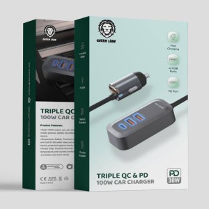 شارژر فندکی 4 پورت گرین لاین مدل Triple QC & PD توان 100 وات