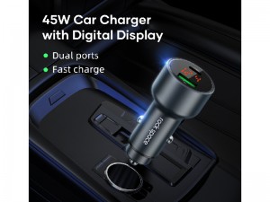 شارژر فندکی فست شارژ راک اسپیس مدل RAU0680 C303 45W Car Charger with Digital Display