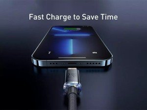 کابل فست شارژ لایتنینگ بیسوس مدل Crystal Shine Fast Data Cable CAJY000001 به طول 1.2 متر و توان 20 وات