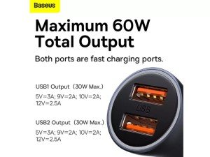 شارژر فندکی 60 وات بیسوس مدل Golden Contactor Dual Fast Car Charger CGJM000013