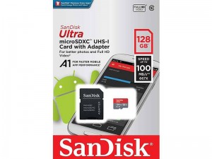 کارت حافظه microSDXC سن دیسک مدل Ultra کلاس 10 و A1 استاندارد UHS-I U1 سرعت 100MBps 667X همراه با آداپتور SD ظرفیت 128 گیگابایت