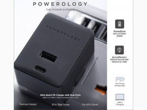 آداپتور شارژ سریع پاورولوژی مدل Ultra Quick PD Charger with Dual port بهمراه کابل شارژ تایپ سی