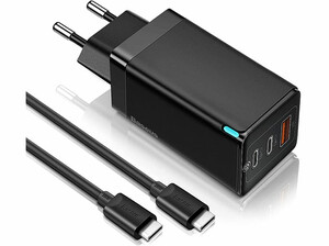 شارژر دیواری سریع سه پورت و کابل تایپ سی بیسوس Baseus CCGaN65E2 GaN2 Pro 65W Charger