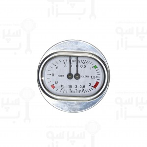 گیج  منومتر / مانومتر دوعقربه دستگاه های گریمک و فیورنزاتو نشانگر فشار بخار 0 تا 3 بار فشار آب تا 18 بار قطربدنه 63 میلیمتر قطر قاب بیرونی 70 میلیمتر رزوه 1/8