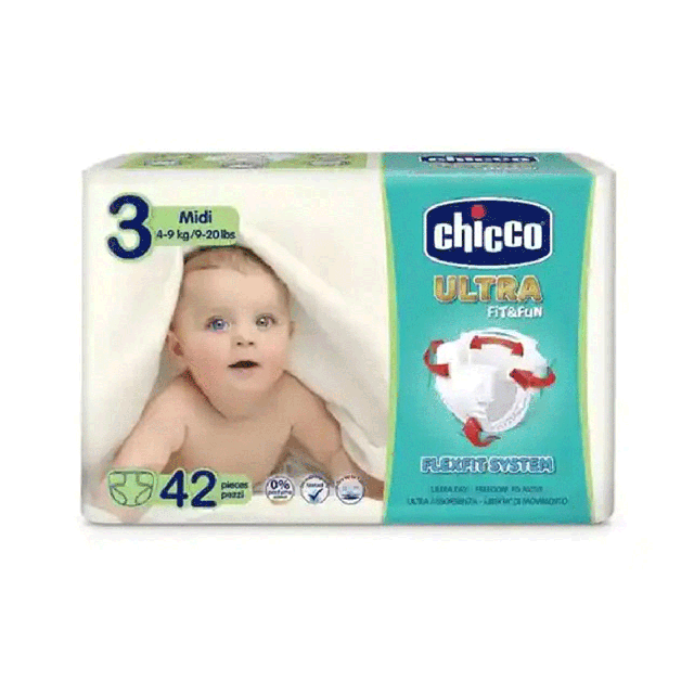 پوشک بچه ایتالیایی چیکو الترا Fun &amp; Fit Ultra Chicco سایز ۳ – بسته 42 عددی