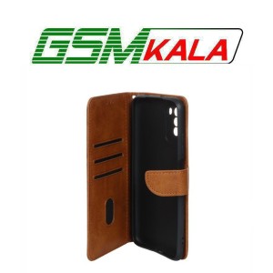 کیف چرمی موبایل مگنتی محافظ لنزدار Samsung Galaxy A12 / M12 / F12 - عسلی