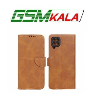 کیف چرمی موبایل مگنتی محافظ لنزدار Samsung Galaxy A12 / M12 / F12 - عسلی