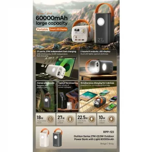 پاوربانک 60000 سوپر فست  ریمکس 27 وات  مدل REMAX 60000mAh Outdoor Power Bank RPP-123