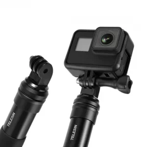 مونوپاد آلومینیومی ۹ متری GP-MNP-090-D در کنار دوربین GoPro نصب‌شده