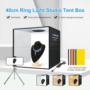 خیمه عکاسی تاشو ۴۰ سانتی‌متری PULUZ PU5041B با نور LED و ۱۲ پس‌زمینه رنگی