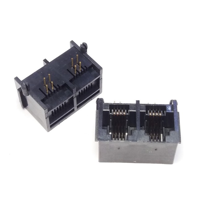 سوکت Rj-11 مادگی رایت انگل روبردی 4 پایه دوتایی، Double Rj-11 Socket Female 6P4C Right angle Board Mount