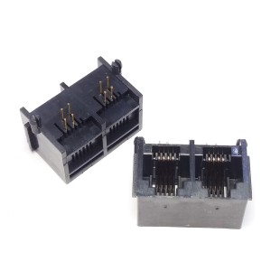 سوکت Rj-11 مادگی رایت انگل روبردی 4 پایه دوتایی، Double Rj-11 Socket Female 6P4C Right angle Board Mount