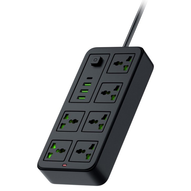 چندراهی و محافظ برق و شارژر پرودو بلو مدل PB-6ACPS1C3A-BK توان 2000 وات