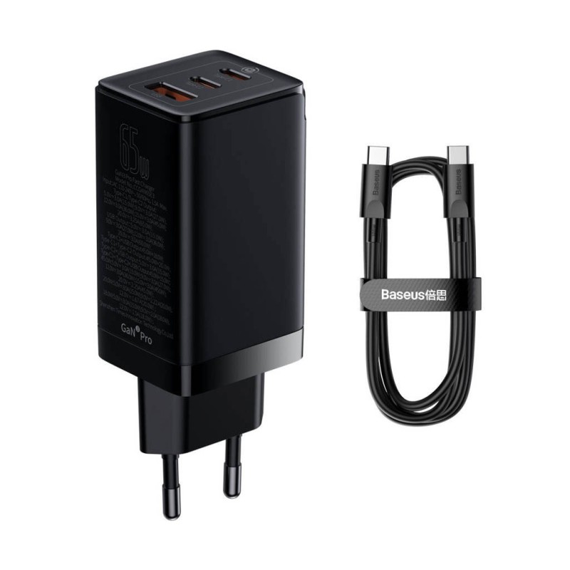 شارژر دیواری بیسوس GaN3 Pro Fast Charger CCGP050101 توان 65 وات همراه کابل