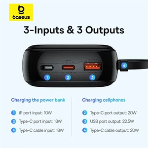 پاوربانک بیسوس مدل Qpow Pro PPQD2-10C با کابل تایپ سی ظرفیت 10000 میلی آمپر توان 22.5 وات
