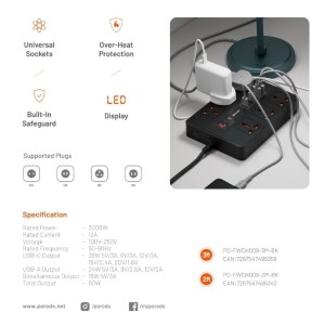 چندراهی و محافظ برق و شارژر پرودو مدل PD-FWCH009-2M-BK