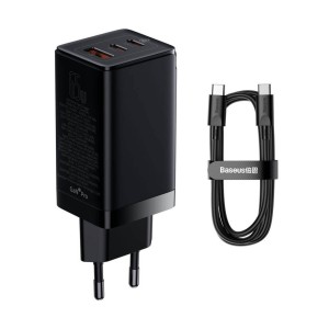 شارژر دیواری بیسوس GaN3 Pro Fast Charger CCGP050101 توان 65 وات همراه کابل