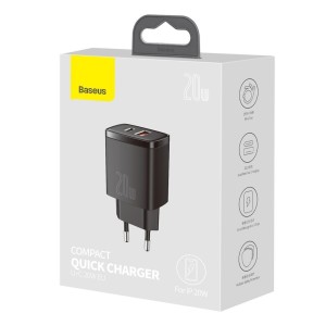 شارژر دیواری دو سر 20 وات بیسوس Baseus Compact fast charger 20W 3A CCXJ-B01