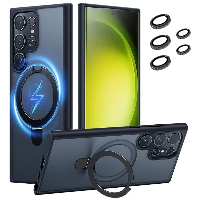 قاب مگ سیف دار Metal Holder برای Samsung Galaxy S24 Ultra + محافظ لنز رینگی ست