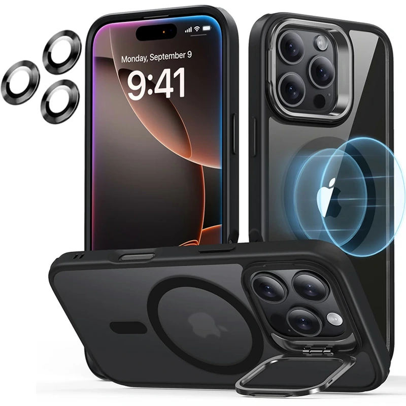 قاب اورجینال IPHONE 16 Pro Max مگ سیف دار مدل Metal Stand + محافظ لنز رینگی ست