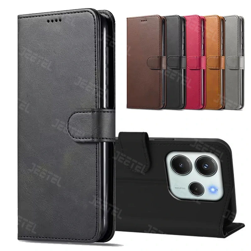 کیف چرمی Xiaomi Redmi Note 14 4G مدل لپ تاپی جاکارتی دار (محافظ لنزدار)