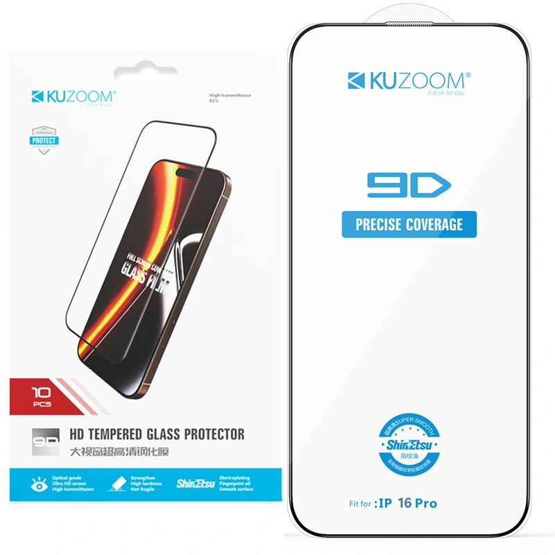 گلس اورجینال گوشی iPHONE 17 / 16 Pro مدل KUZOOM 9D HD Precise Coverage