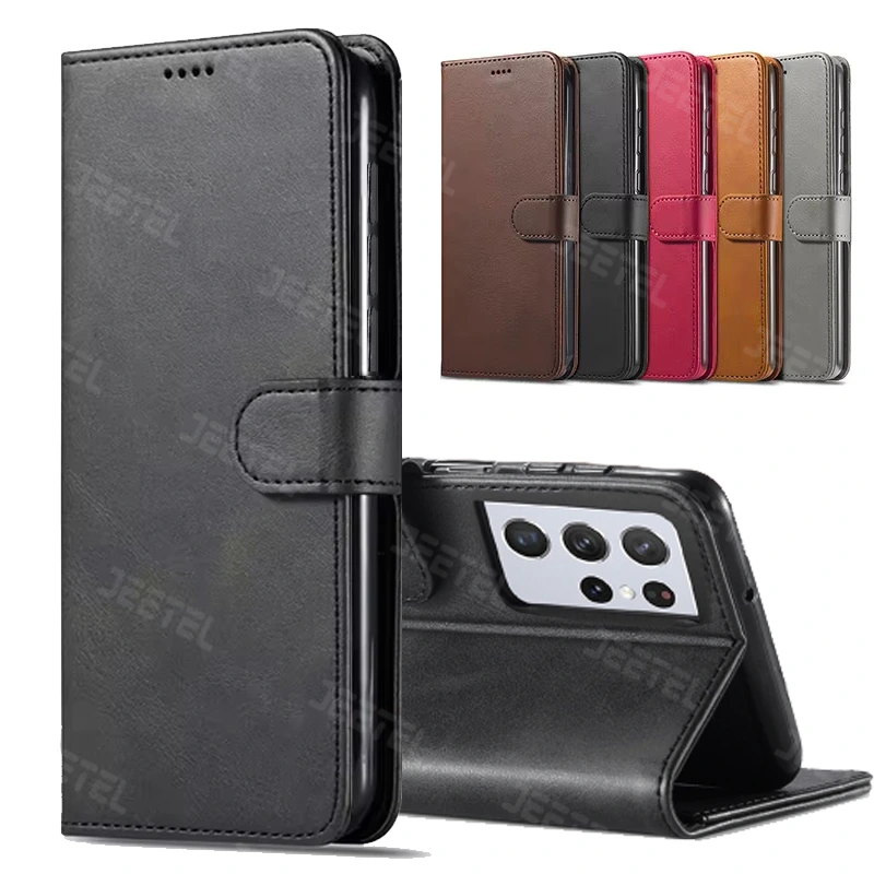 کیف چرمی Samsung Galaxy S21 Ultra مدل لپ تاپی جاکارتی دار (محافظ لنزدار)