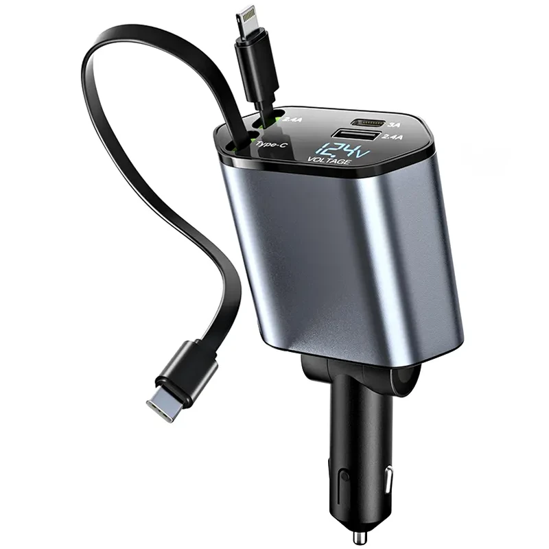 شارژر فندکی فست شارژ 120W Max با 2 کابل جمع شونده تایپ سی و لایتنینگ مدل C1