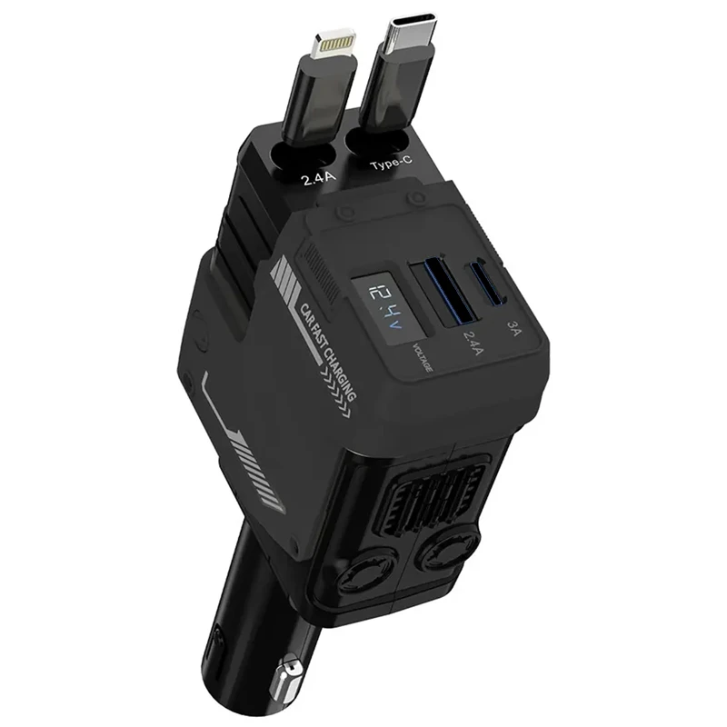 شارژر فندکی فست شارژ 66W Max با 2 کابل جمع شونده تایپ سی و لایتنینگ مدل A1