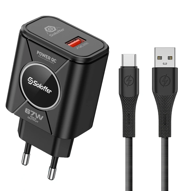 آداپتور فست شارژ 67W QC3.0  به همراه کابل Type-C مدل Soloffer TC-68EU (اورجینال+گارانتی)