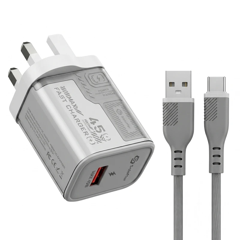 آداپتور توربو شارژ 3 پین 45W QC3.0 به همراه کابل Type-C مدل Soloffer TC-70 (اورجینال+گارانتی)