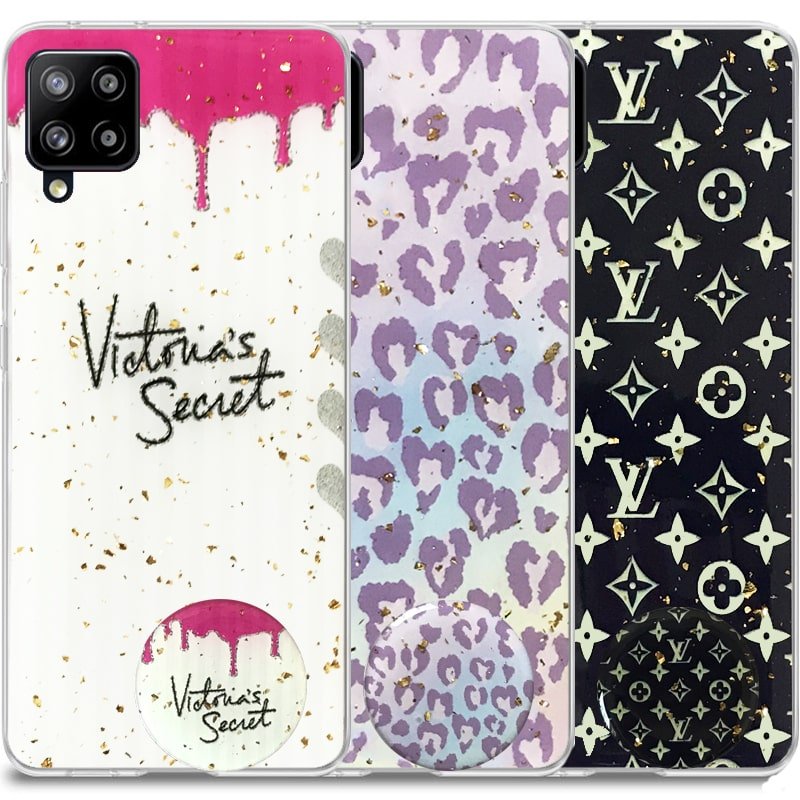 قاب لوکس پاپ سوکت دار طرح Marbel Royal مناسب برای گوشی Samsung Galaxy A42 مدل رزین کار شده با سنگ های طلایی