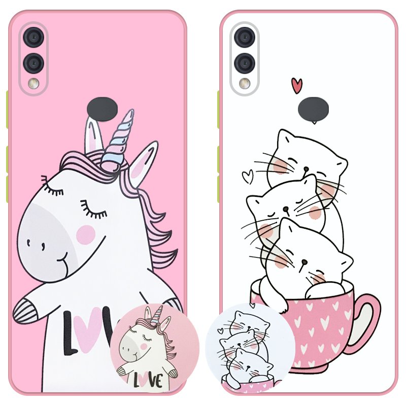 کاور عروسکی دکمه رنگی دخترانه مناسب برای گوشی Samsung Galaxy A20 / A30 مدل محافظ لنزدار به همراه پاپ سوکت طرح کیتی و اسب تک شاخ Unicorn And Kitty Case