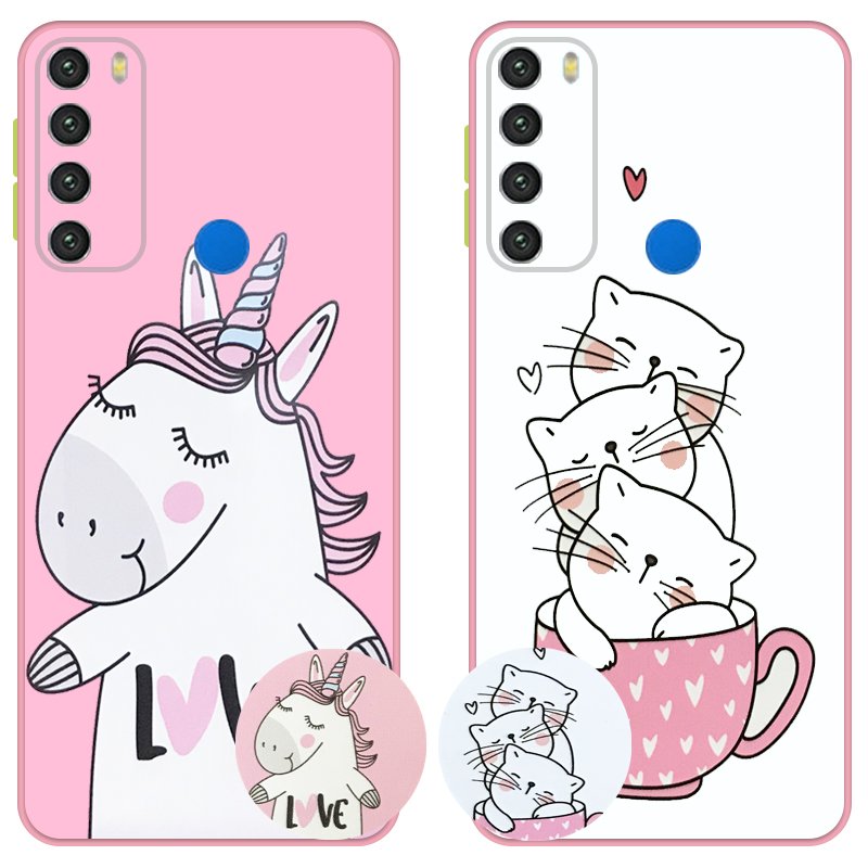 کاور عروسکی دکمه رنگی دخترانه مناسب برای گوشی Xiaomi Redmi Note 8 مدل محافظ لنزدار به همراه پاپ سوکت طرح کیتی و اسب تک شاخ Unicorn And Kitty Case