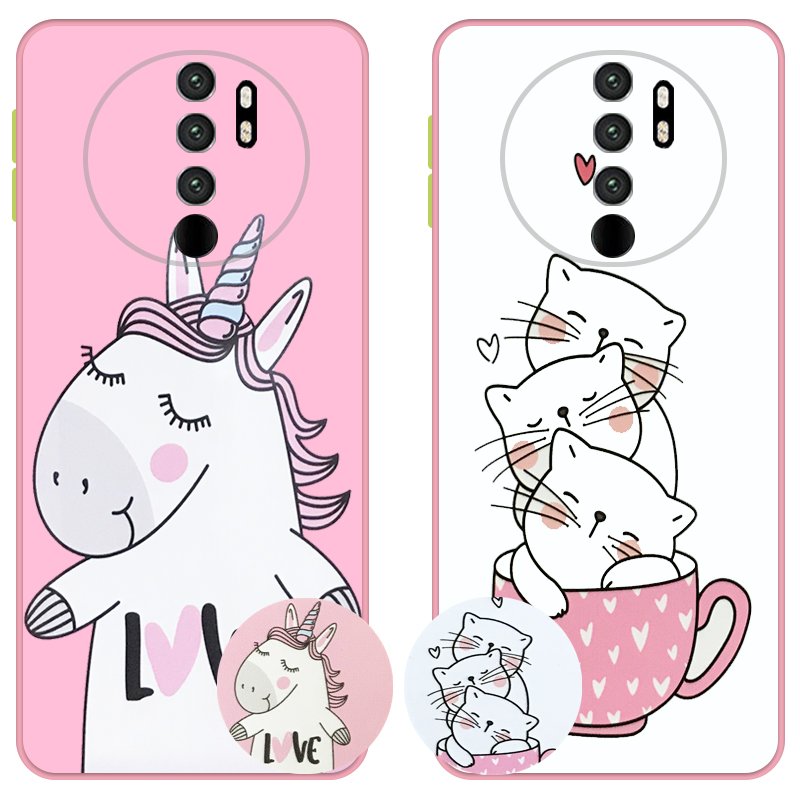 کاور عروسکی دکمه رنگی دخترانه مناسب برای گوشی Xiaomi Redmi Note 8 Pro مدل محافظ لنزدار به همراه پاپ سوکت طرح کیتی و اسب تک شاخ Unicorn And Kitty Case