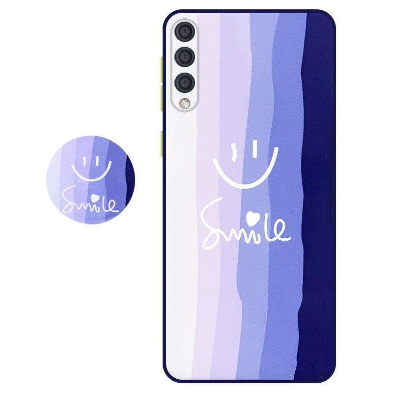 کاور سه بعدی رینبو تم آبی Rainbow Blue Theme مناسب برای گوشی Samsung Galaxy A30S / A50S / A50 مدل دکمه رنگی محافظ لنزدار به همراه پاپ سوکت طرح رنگین کمانی زنانه و مردانه