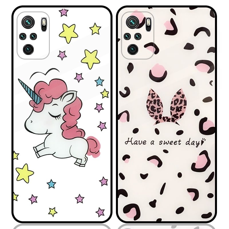 قاب پشت گلس فانتزی مناسب برای گوشی Xiaomi Redmi Note 10 4G / 10S (2021) مدل عروسکی دخترانه و لاکچری زنانه طرح یونیکورن و پلنگی کالباسی Unicorn And Sweet Glass Case (محافظ لنزدار)