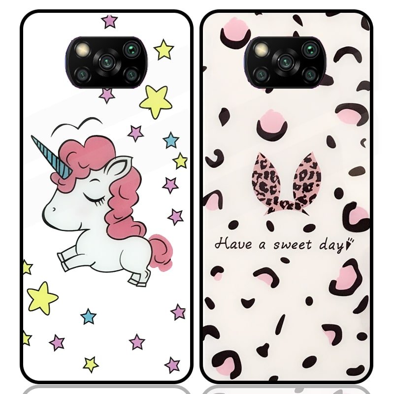 قاب پشت گلس فانتزی مناسب برای گوشی Xiaomi POCO X3 nfc / pro مدل عروسکی دخترانه و لاکچری زنانه طرح یونیکورن و پلنگی کالباسی Unicorn And Sweet Glass Case