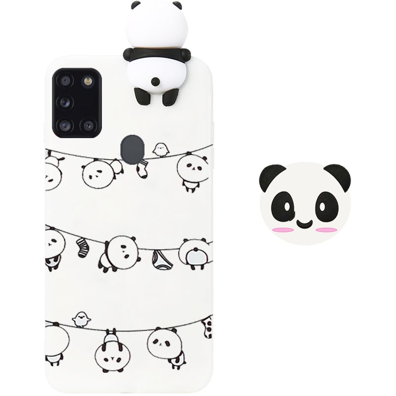 قاب فانتزی عروسکی پاندا رختی Panda Case مناسب برای گوشی Samsung Galaxy A21S مدل نیمه شفاف سه بعدی همراه با پاپ سوکت سیلیکونی ست
