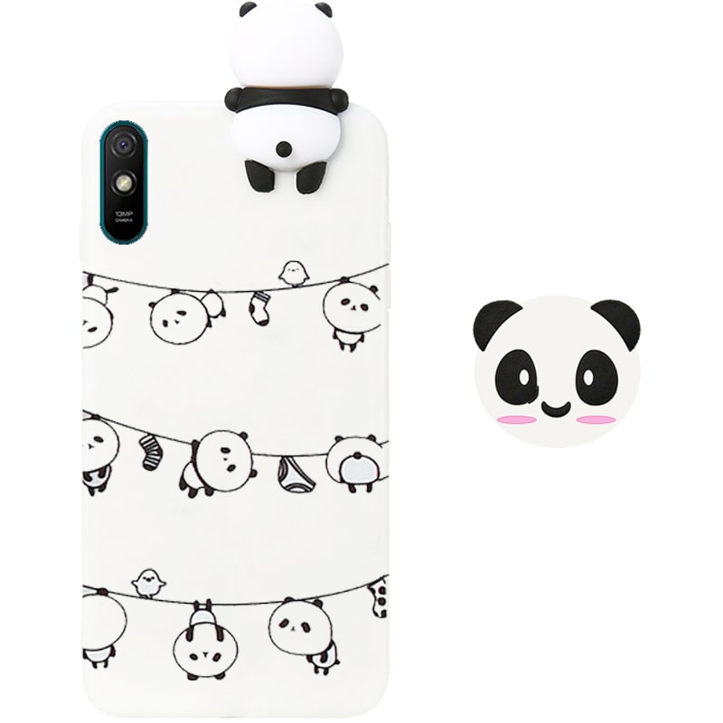 قاب فانتزی عروسکی پاندا رختی Panda Case مناسب برای گوشی Xiaomi Redmi 9A / 9AT مدل نیمه شفاف سه بعدی همراه با پاپ سوکت سیلیکونی ست