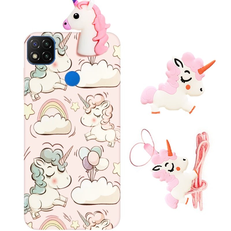 قاب فانتزی عروسکی اسب تک شاخ مناسب برای Xiaomi Redmi 9C مدل بند آویز و پاپ سوکت دار دخترانه Unicorn Girly Cartoon Case