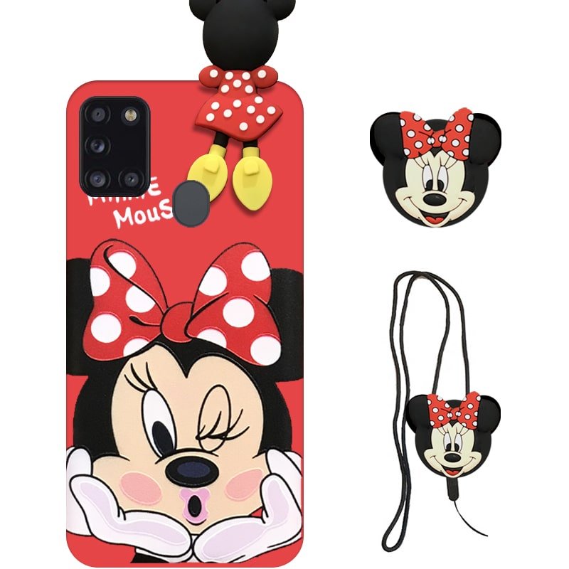قاب عروسکی دخترانه مدل میکی موس مناسب برای گوشی Samsung Galaxy A21S به همراه ست پاپ سوکت و پام پام سیلیکونی ست Disney Mickey Mouse Cute Case